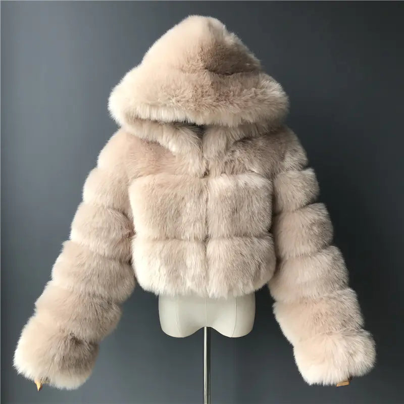 Short Hooded Faux Fur Jacket for Women