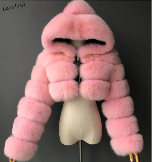 Short Hooded Faux Fur Jacket for Women