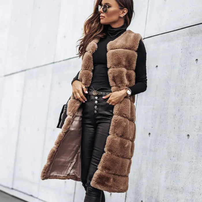 Long Round Neck Fur Vest Jacket