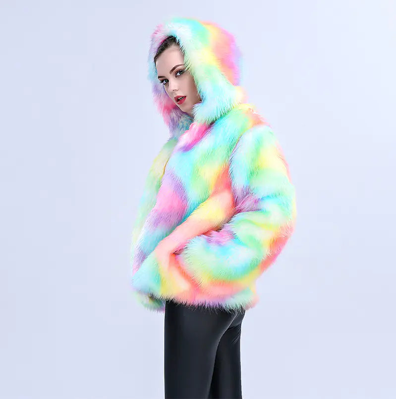 Colorful Faux Fur Hooded Short Coat for Women