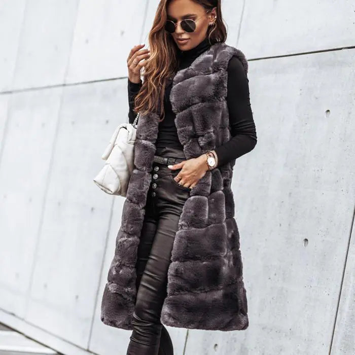 Long Round Neck Fur Vest Jacket