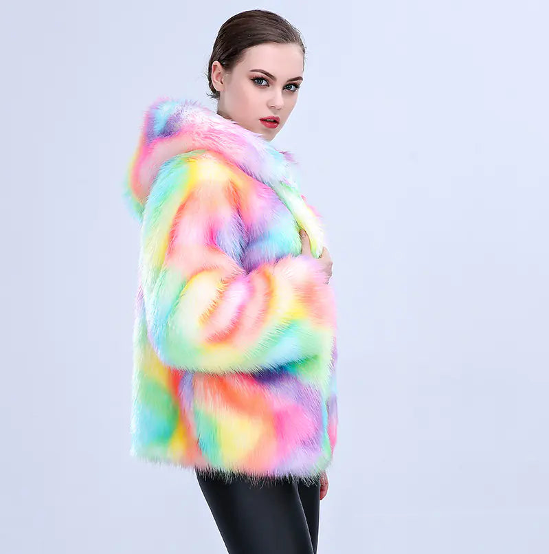 Colorful Faux Fur Hooded Short Coat for Women