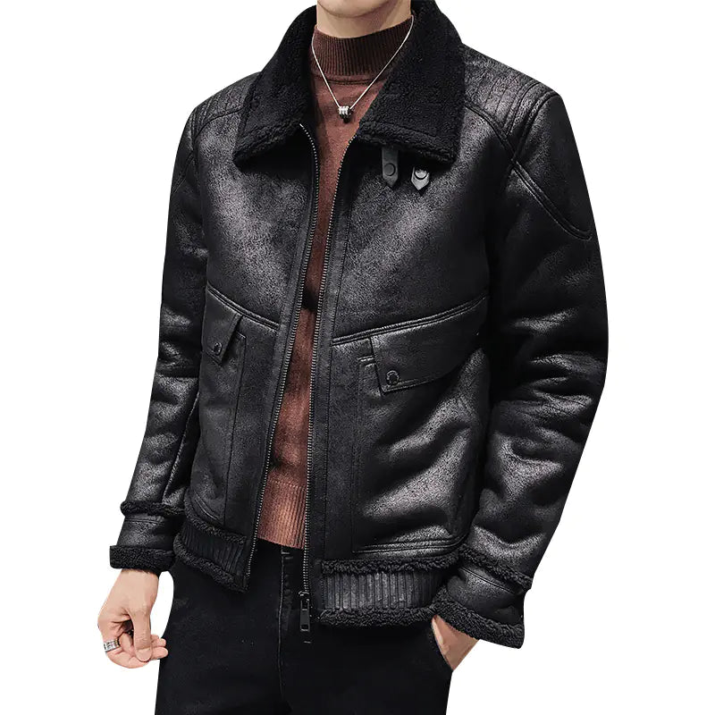 Men's Plus Size PU Leather Cotton Jacket with Fur Collar