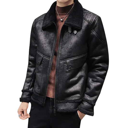 Men's Plus Size PU Leather Cotton Jacket with Fur Collar