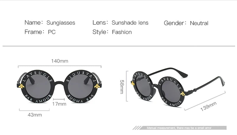 Fashion Unisex Round Retro Sunglasses Women Vintage Glasses Circle Classic Bee Letter Sun Glasses Men Shades Visor Oculos Top