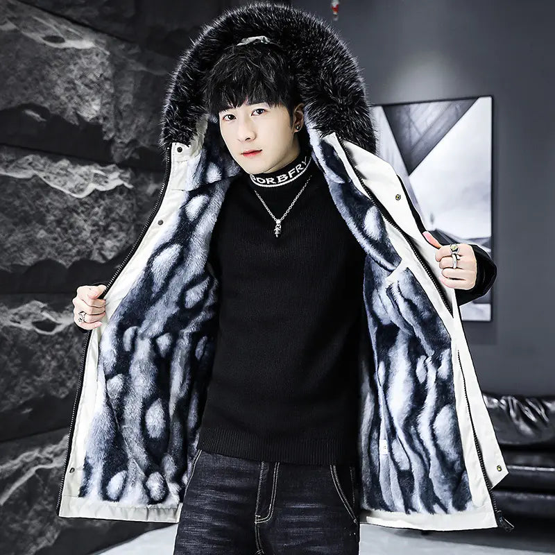 DIMUSI Men's Winter Long Jacket with Classic Fur Lining