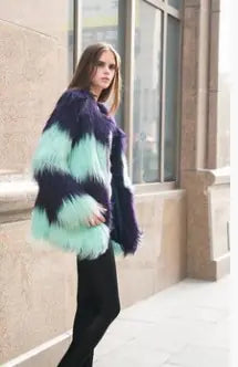 Faux Fur Women's Coat with Color Block Design