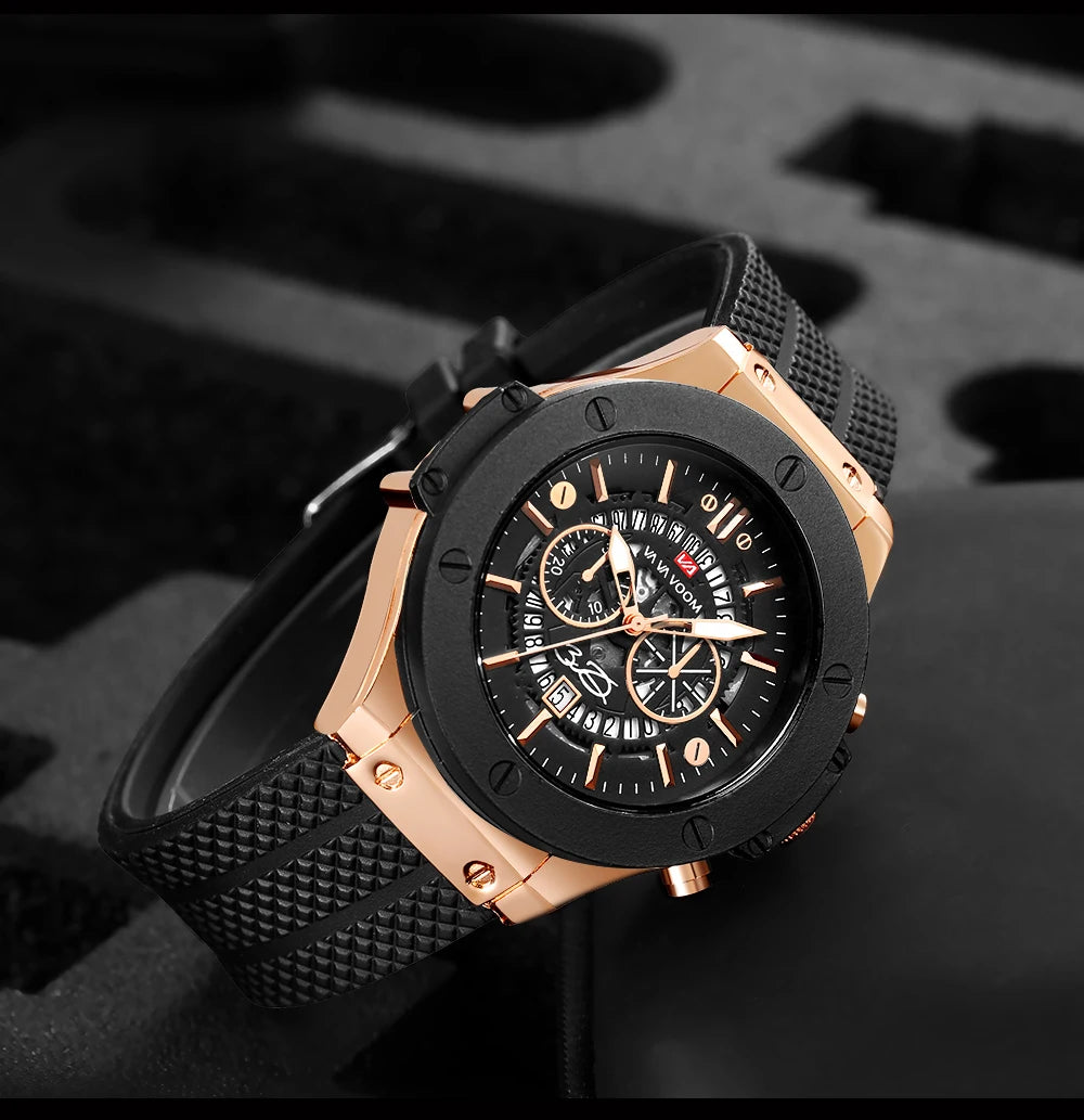Black Silicone Mens Hand 46mm Hollowed Out Large Dial Rose Gold Fashionable Military Style Original Quartz Movement Sports Watch
