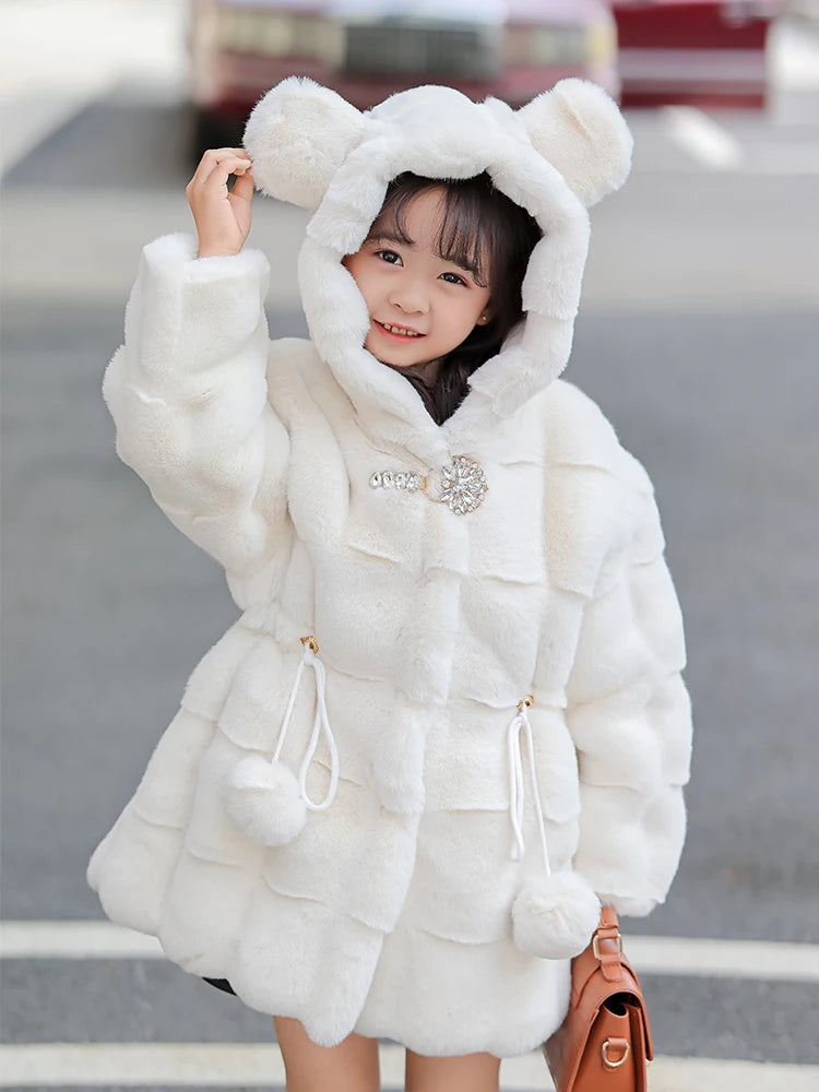 Girls Faux Mink Fur Coat Winter Children Girls Long Sleeve Hooded Christmas Jacket Super Warm  Kids Girls Coat Girls Outerwear