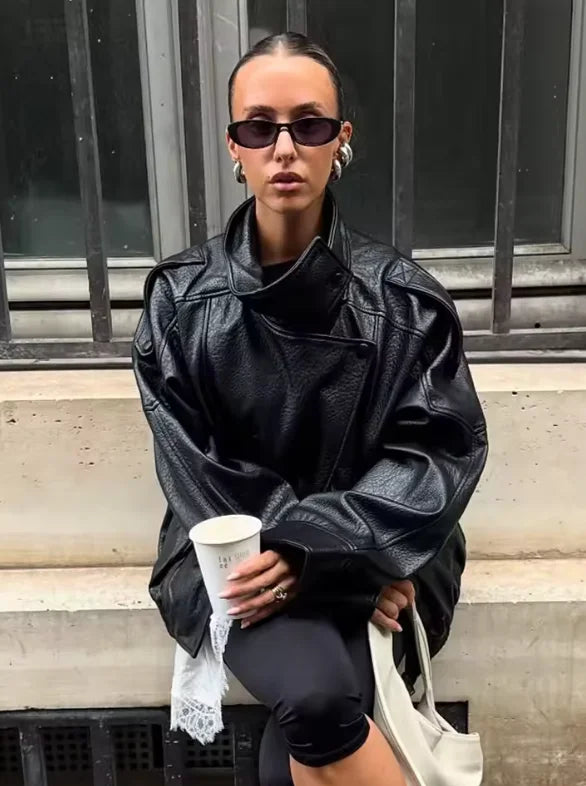 Women's Jacket Fall 2025 New Black Long Sleeve Pebble Faux Leather Jacket Motorcycle Style Personality Fashion