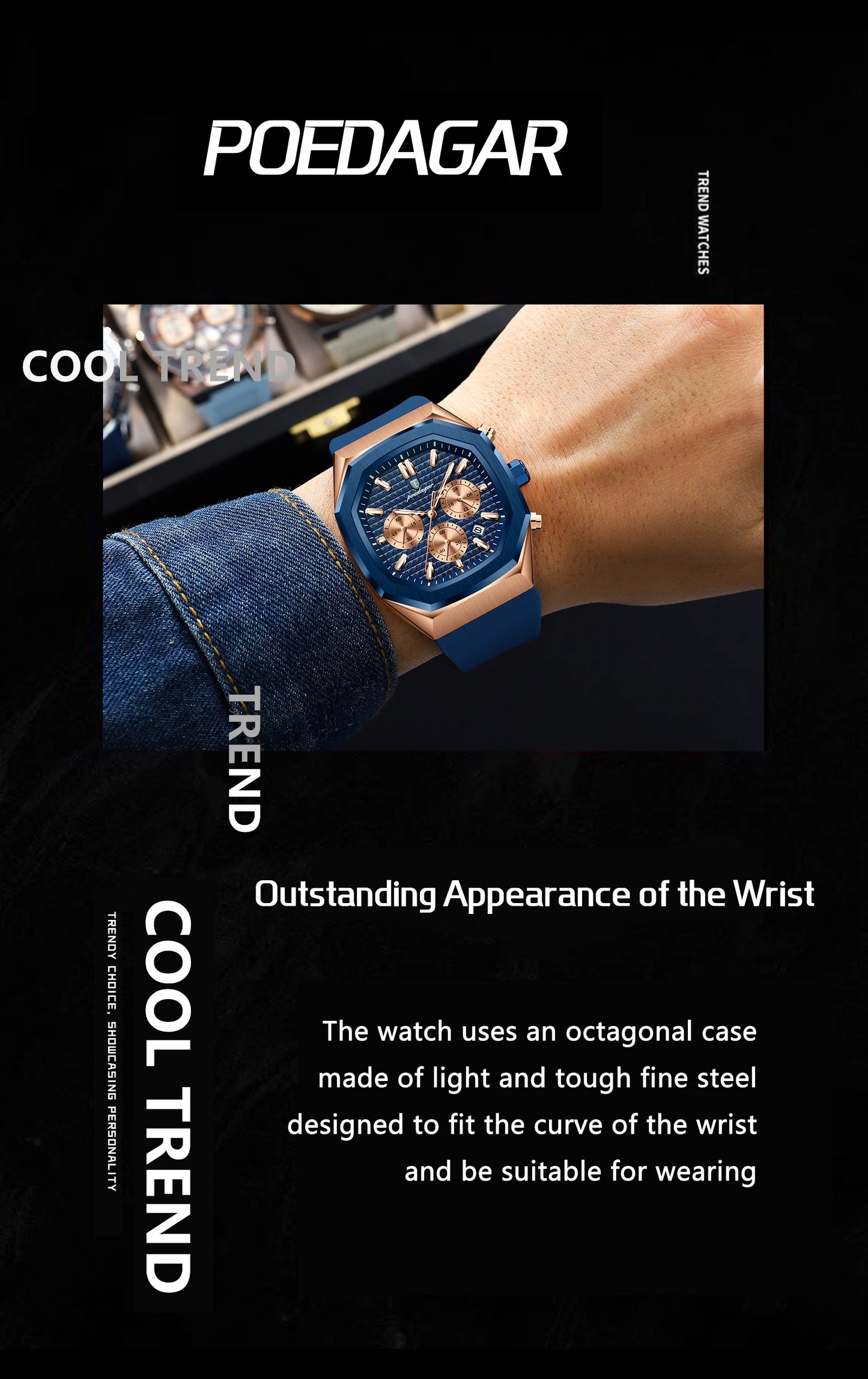 POEDAGAR Business Quartz Men's Wristwatch Chronograph Date Silicone Strap Man Watch Waterproof Military Luminous Watches For Men