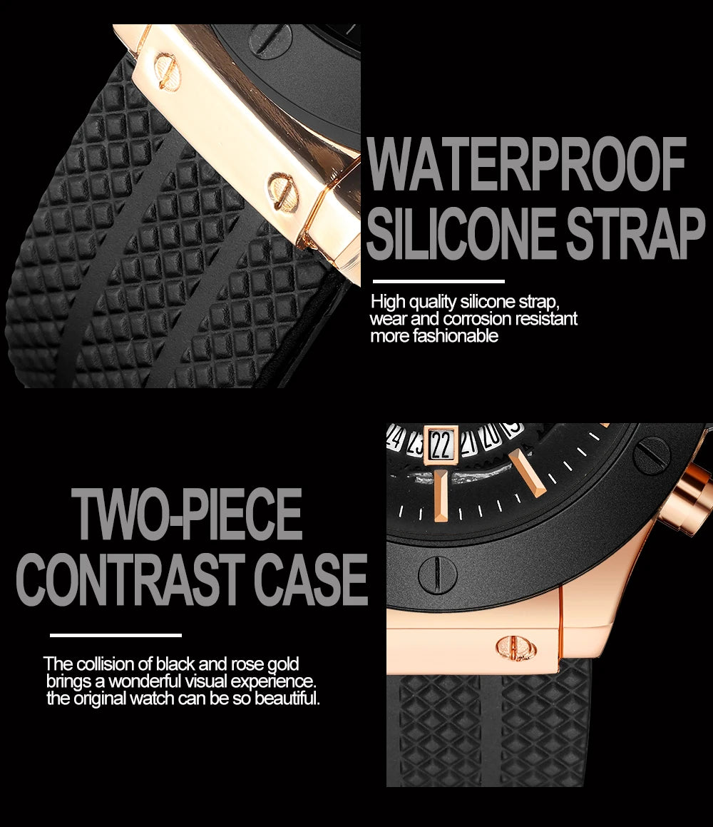 Black Silicone Mens Hand 46mm Hollowed Out Large Dial Rose Gold Fashionable Military Style Original Quartz Movement Sports Watch