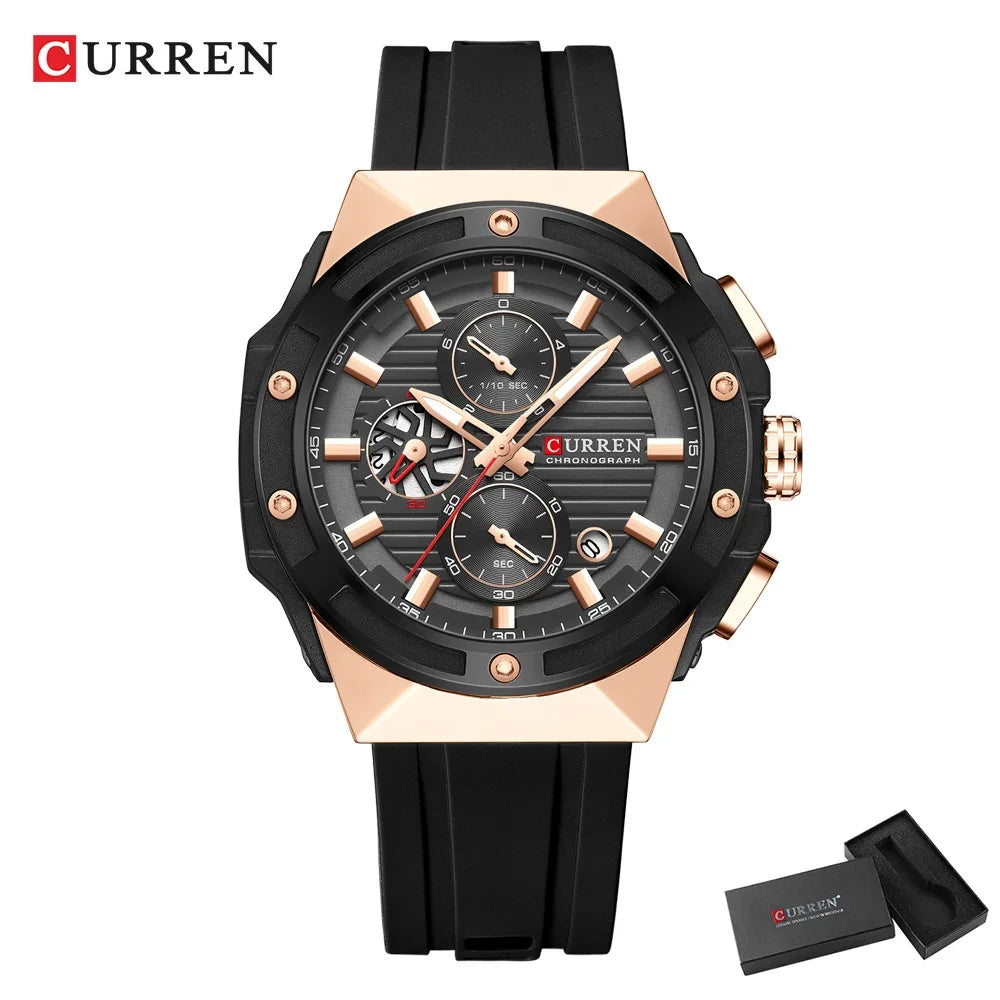 CURREN Fashionable Sports Multifunctional Chronograph Quartz Watch with Silicone Strap Creative Design Dial Luminous Hands