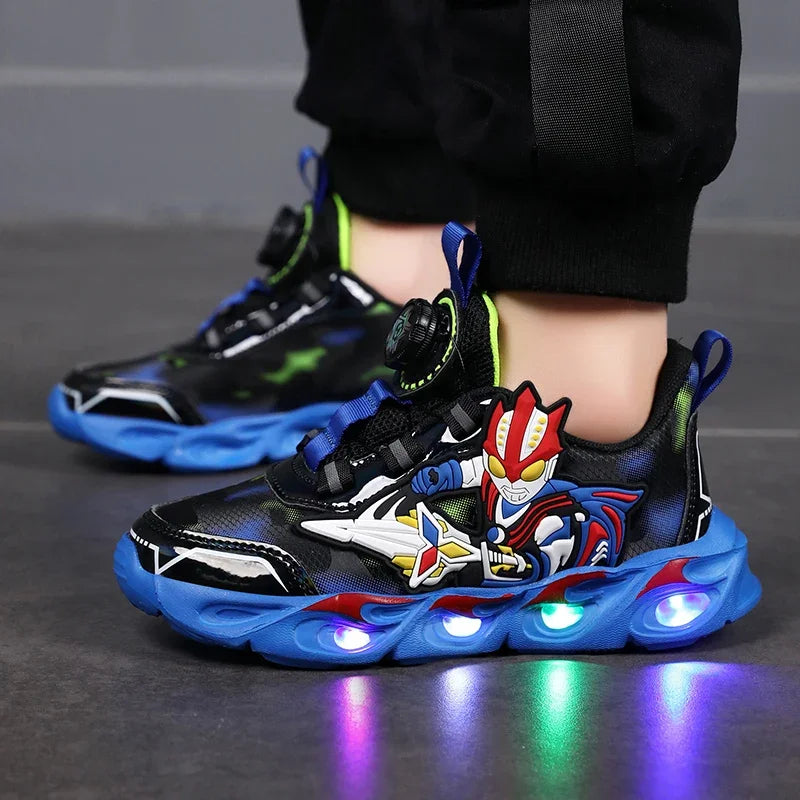 Boys Girls Sneakers Boots LED Footwear Luminous For Kids Light Button Lock Laces Shoes Cartoon Children's Baby Kids