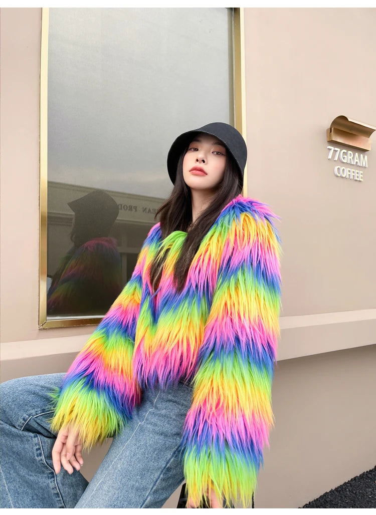 Women's Winter Rainbow Faux Fur Coat Lady Streetwear O Neck Long Sleeve Loose Fuzzy Warm Loose Outwear