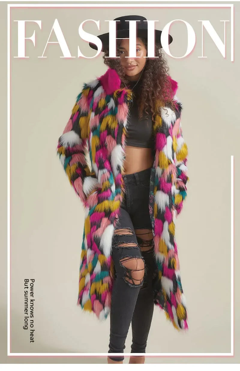 Women Faux Fur Long Coat Rainbow Colorful Faux Fox Fur Autumn Winter Lady Fashion Street Warm Quality 2023 Cloth Lugentolo