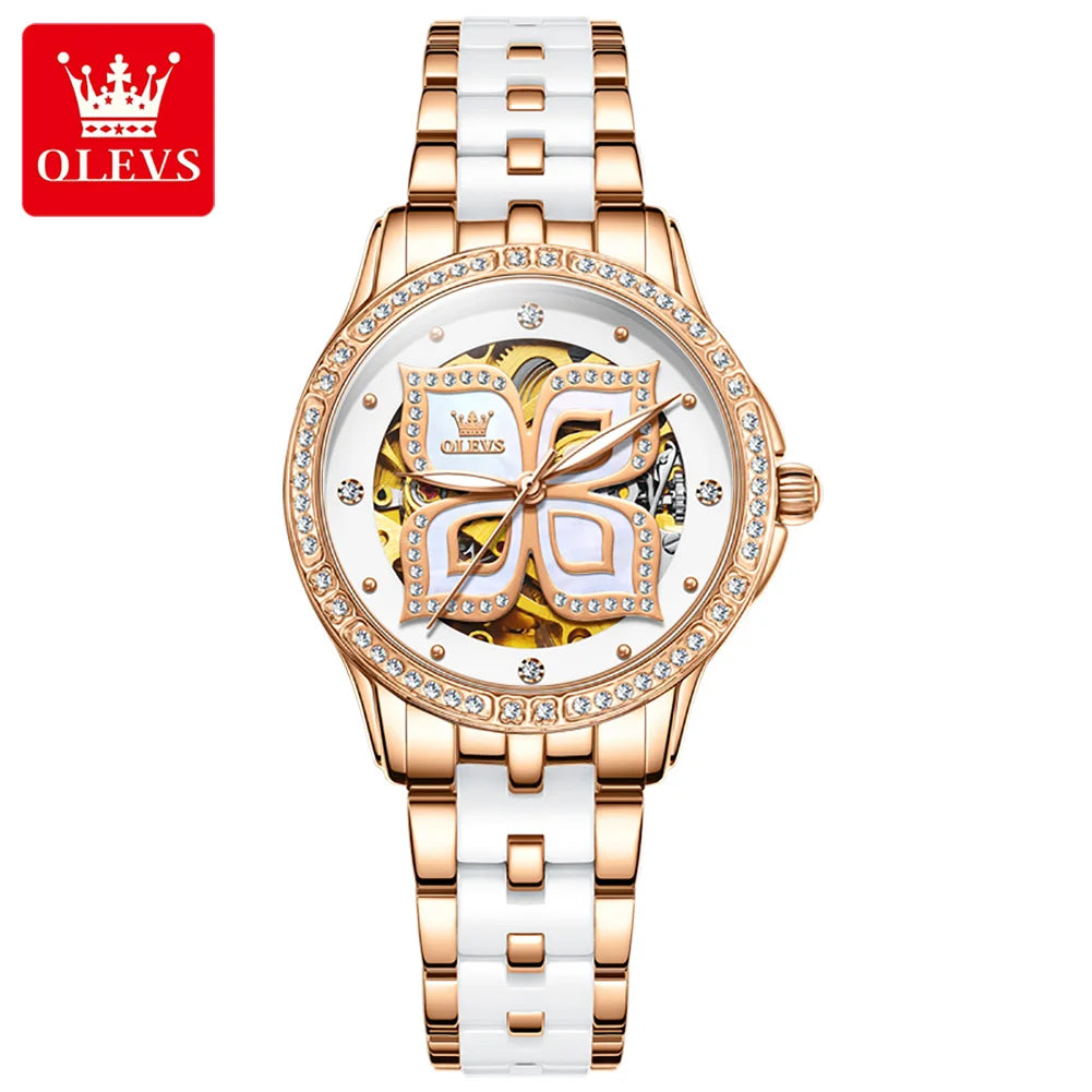 OLEVS 6612 Womens Watch Elegant Fashion Bezel Ceramic Strap Original Mechanical Watch Waterproof Luminous Butterfly Dial Ladies