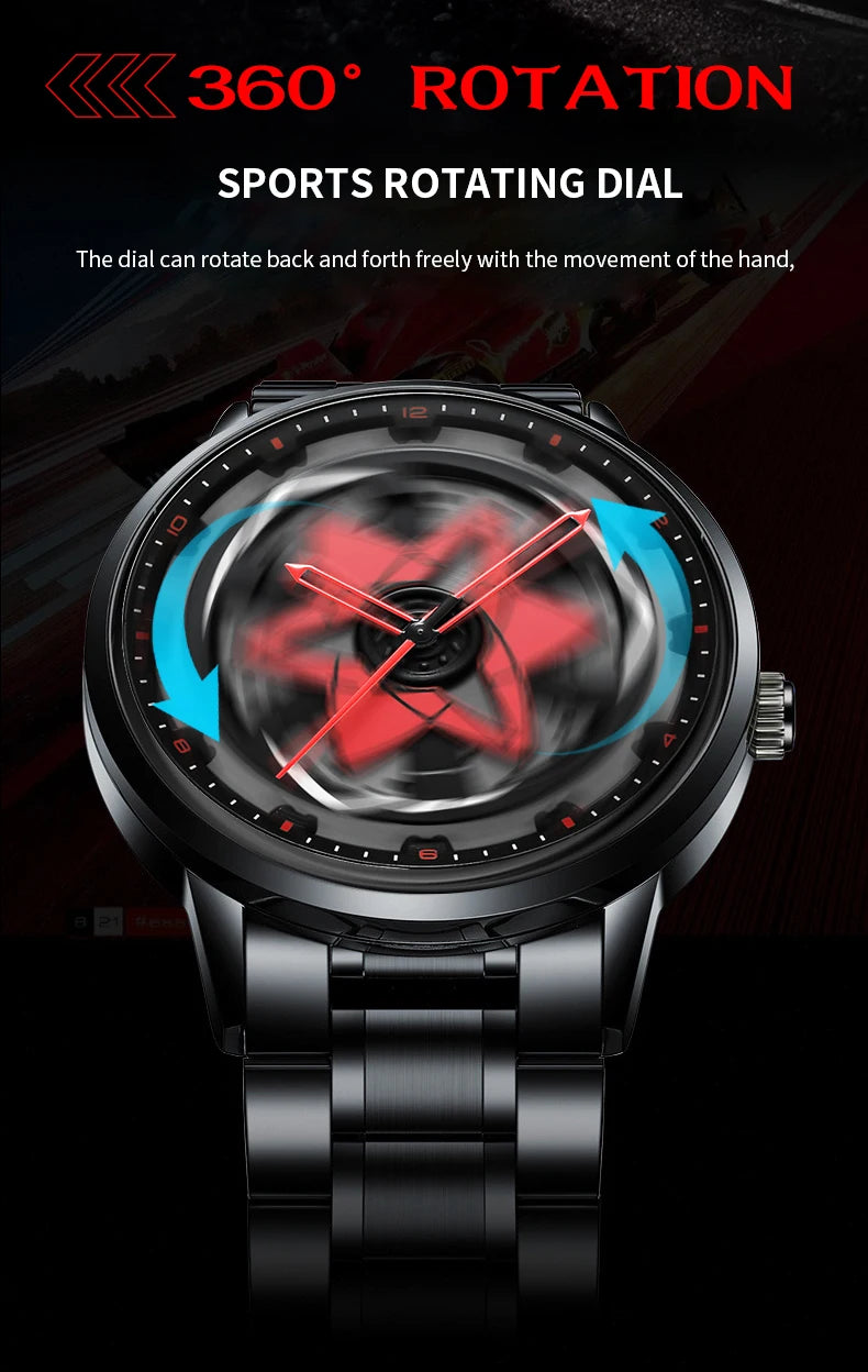 2025 New Watch Car Series Creative Rotating Quartz Movement Sports Style Black Stainless Steel Clock Men Couple Gift Wrist Watch
