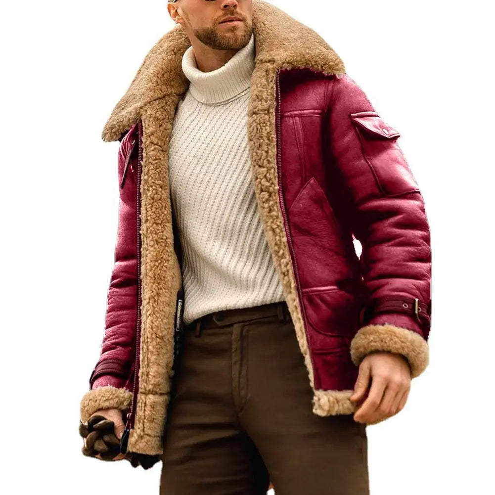 Faux Fur Faux Leather Men Jacket Vintage Lapel Thickened Plush Lining Winter Men Jackets Furry Coldproof Keep Warm Winter Coat
