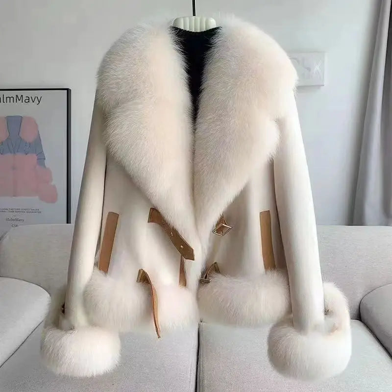 Women Imitation Fox Fur Turn Down Collar Suede Jacket Faux Mink Fur Collar Coat Fur Quilted Coat Cotton Padded Inner Parka Tops