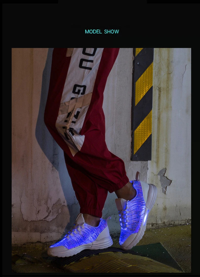 Men Fashion LED Shoes Light Up Sneakers USB Recharging Fiber OPTIC Cloth Elastic Sole Glowing Luminous Flashing Casual Shoes