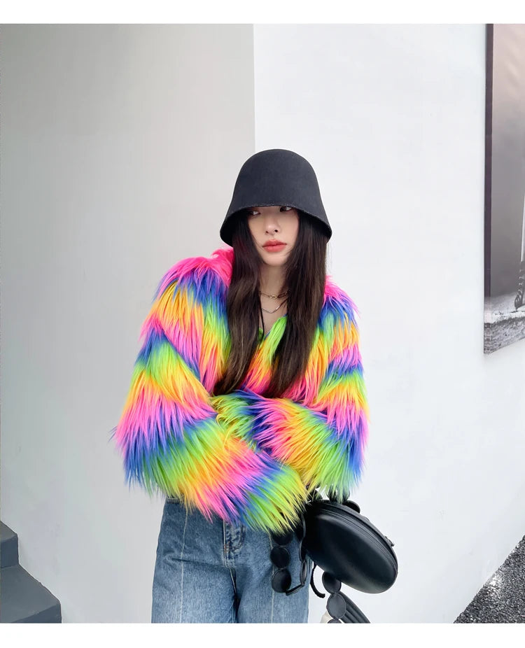 Women's Winter Rainbow Faux Fur Coat Lady Streetwear O Neck Long Sleeve Loose Fuzzy Warm Loose Outwear