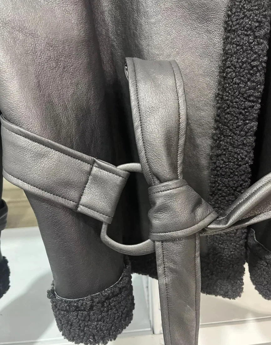 Faux Fur Leather Long Jacket Women Lapel Long Sleeve Belt Thicken Female Coats Winter Fashion Street Patchwork Lady Outwear