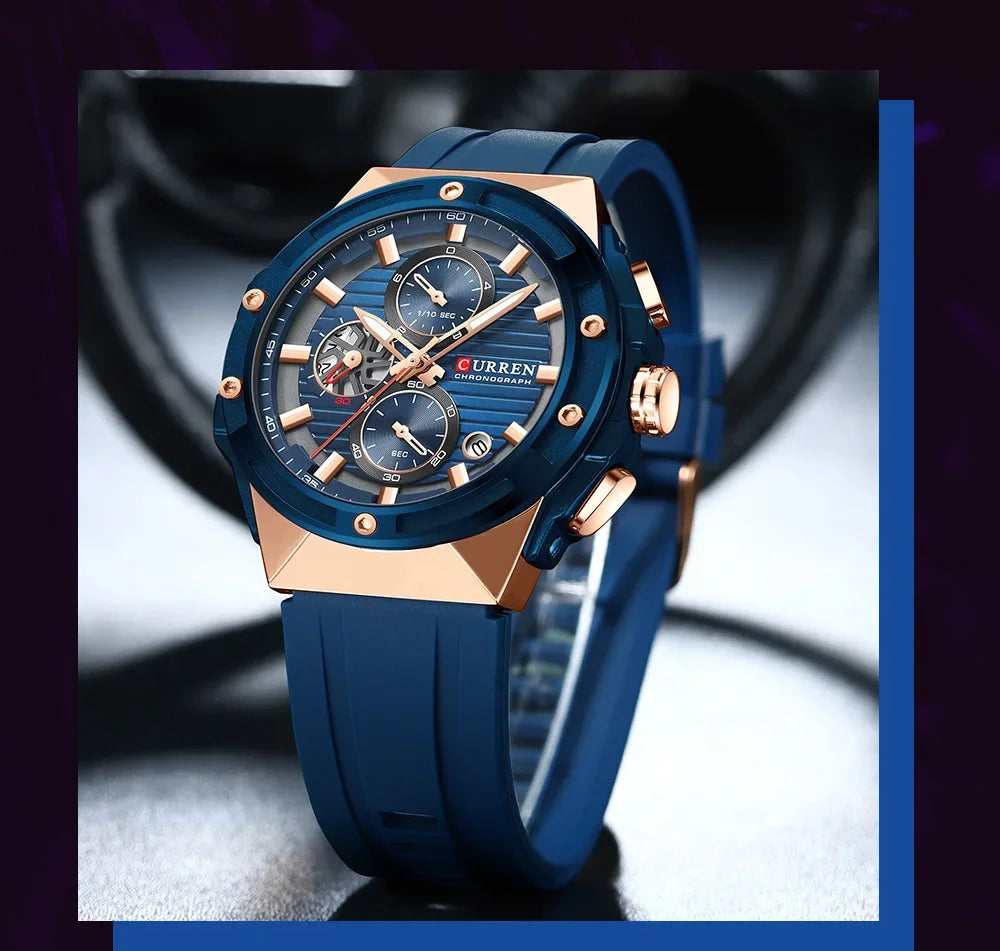 CURREN Fashionable Sports Multifunctional Chronograph Quartz Watch with Silicone Strap Creative Design Dial Luminous Hands