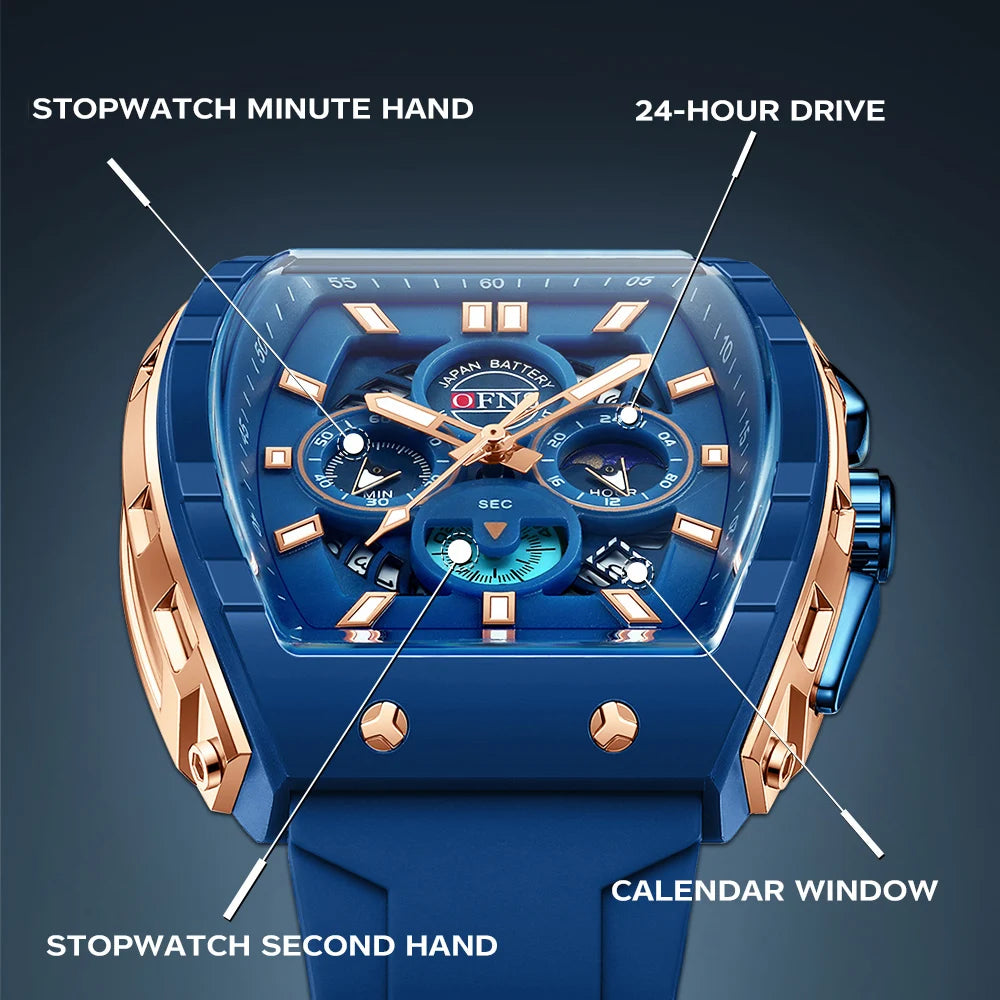 OFNS Fashion Quartz Watches for Man Luminous Waterproof Chronograph Calendar Silicone Strap Outdoor Luxury Sports Men Watch