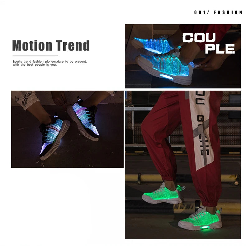 Men Fashion LED Shoes Light Up Sneakers USB Recharging Fiber OPTIC Cloth Elastic Sole Glowing Luminous Flashing Casual Shoes