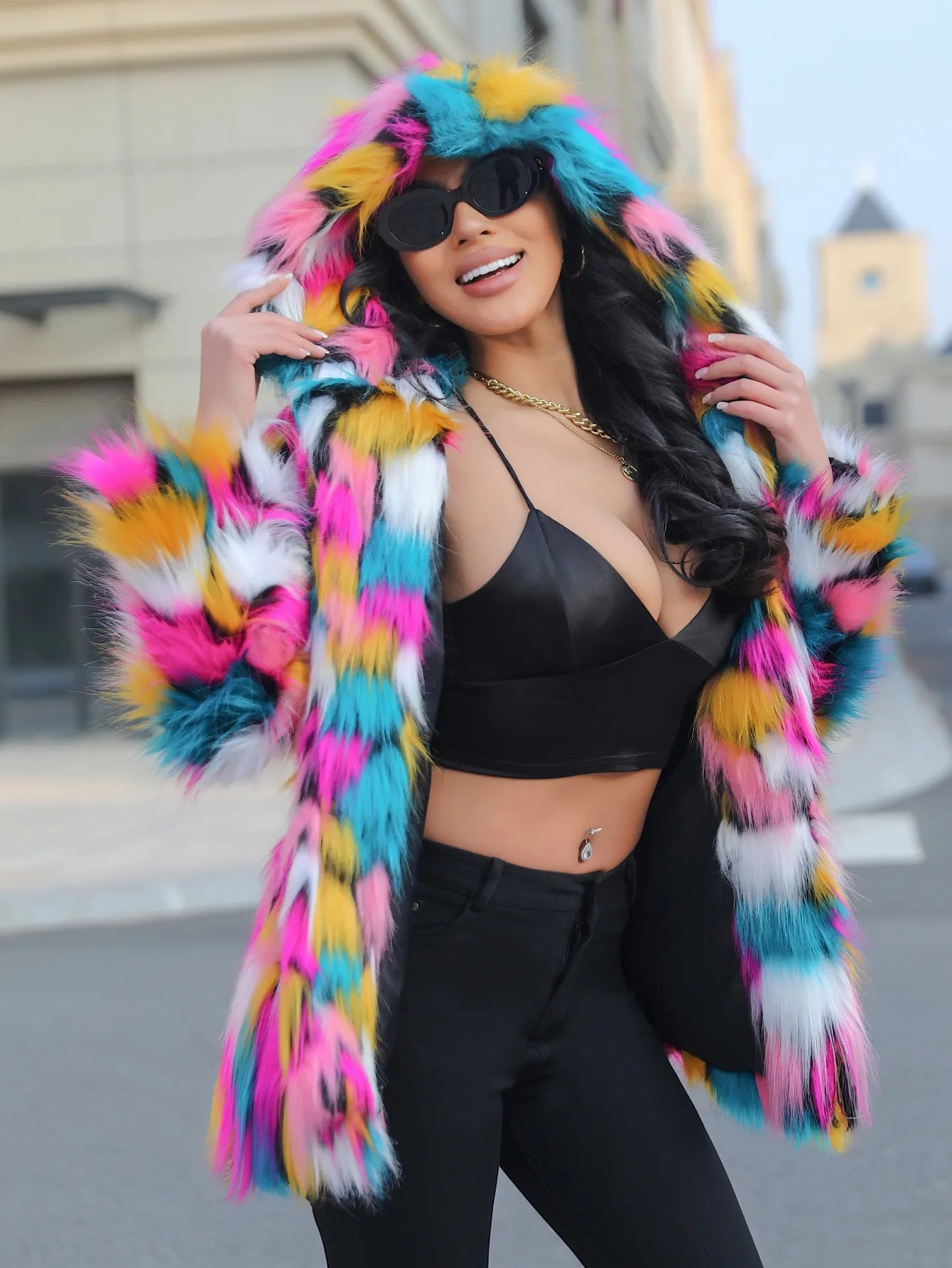 Women's Bold Warm Faux Fur Jacket Thicken Hooded Hidden Button Casual Loose Soft Color Blocking Outwear Winter Chic  Coat