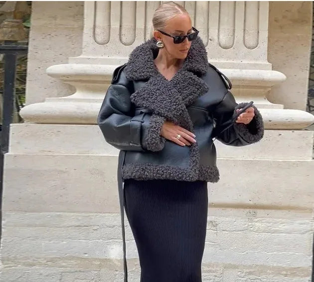 Faux Fur Leather Long Jacket Women Lapel Long Sleeve Belt Thicken Female Coats Winter Fashion Street Patchwork Lady Outwear