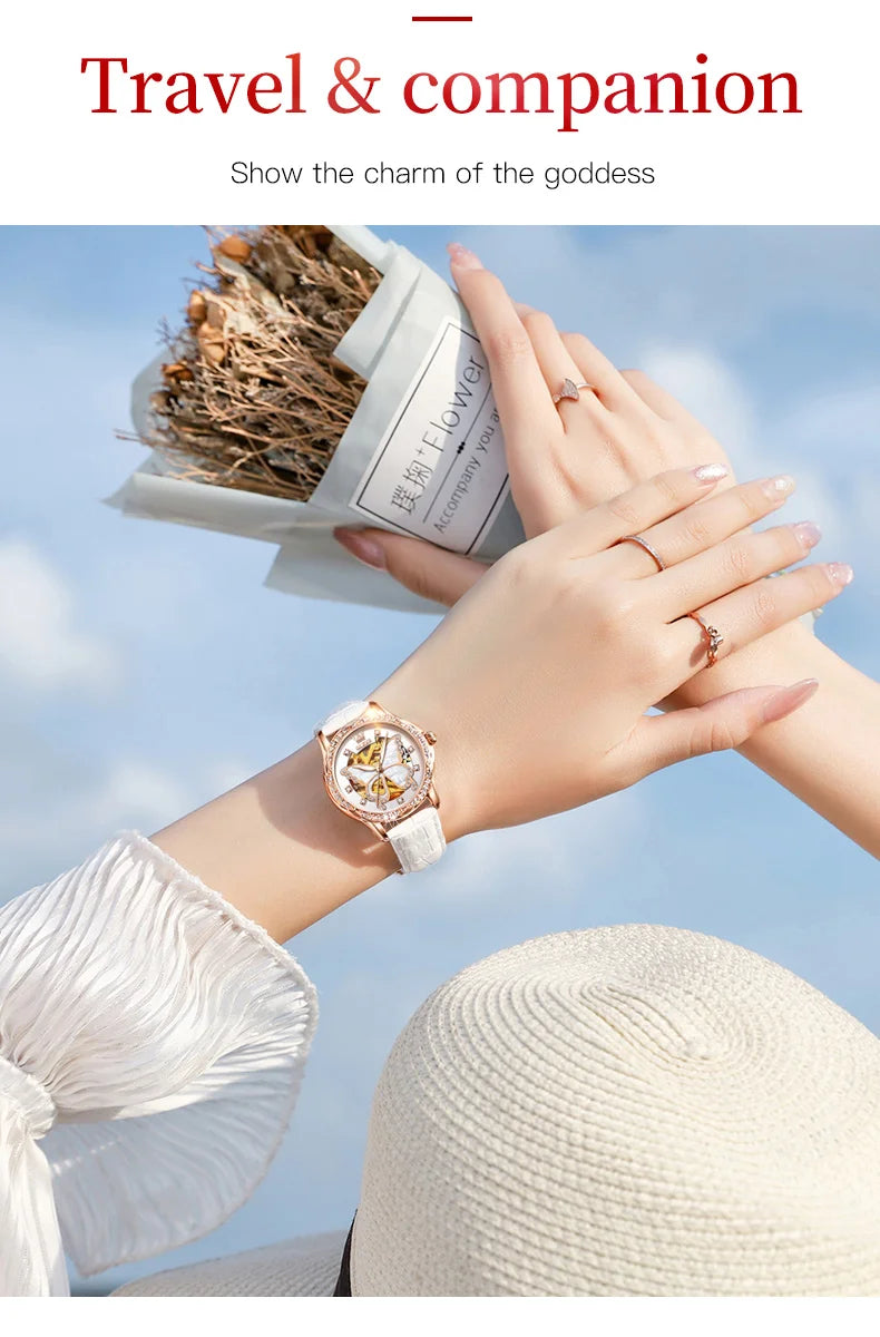 OLEVS 6622 Women's Watch Butterfly Dial Luxury Waterproof Mechanical Watch For Women Hollow Ceramic Strap Automatic Wristwatch