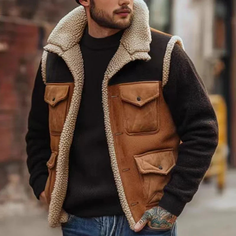 Retro Men's Cardigan Trendy Vest Jacket 2025 New Zipper Pocket Warm Jacket Vest Fashion Blocked Sleeveless Jacket Men Clothing