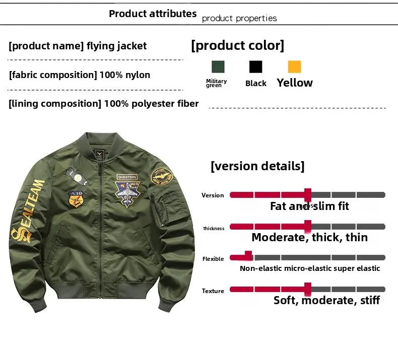 Men's Jacket Spring and Autumn Air Force MA1 Pilot Jacket Heavy Industry Embroidery Motorcycle American Fashion Baseball Jacket