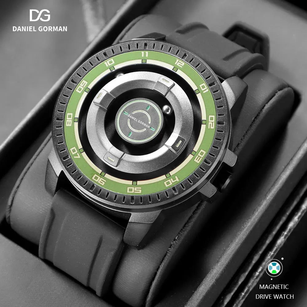 DANIEL GORMAN Magnetic Driven Watch Men Black Waterproof Stainless Steel Beads Quartz Watch with Silicone Strap DG0221 Green
