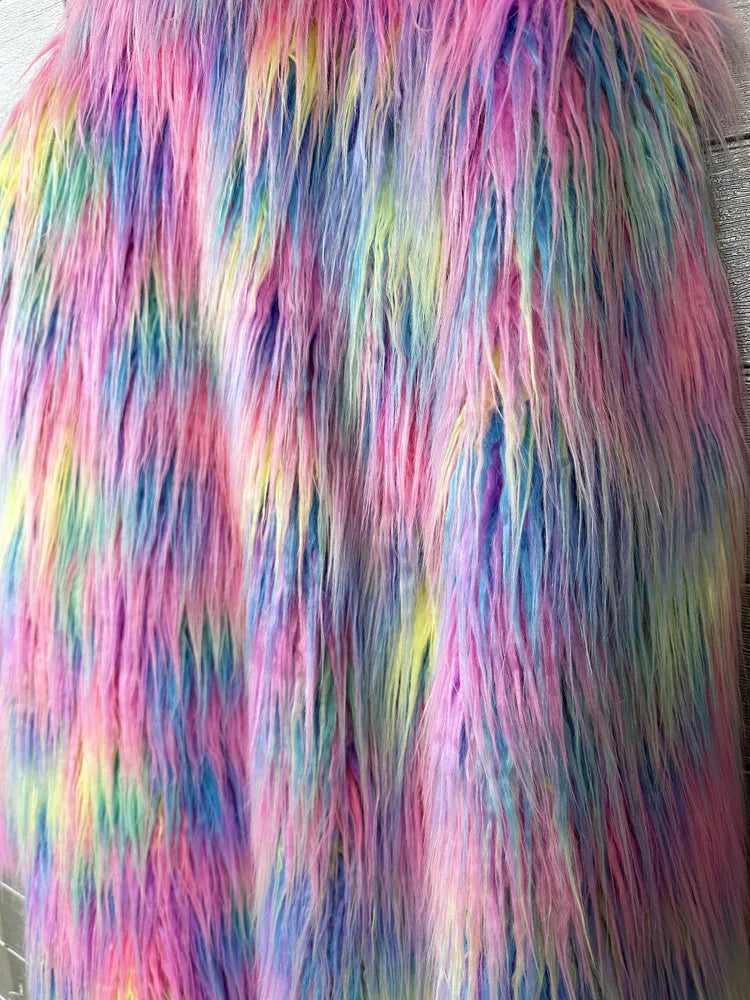 DEAT 2025 Winter New Items Imitation Colorful Long Coat For Women Faux Fur Suit Collar Long Sleeve Trench Jacket Female 11A05577