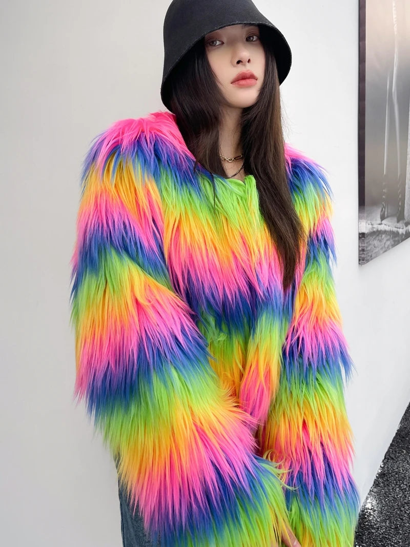 Women's Winter Rainbow Faux Fur Coat Lady Streetwear O Neck Long Sleeve Loose Fuzzy Warm Loose Outwear