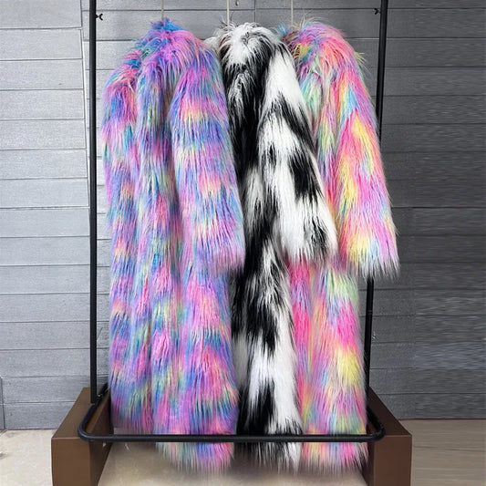 DEAT 2025 Winter New Items Imitation Colorful Long Coat For Women Faux Fur Suit Collar Long Sleeve Trench Jacket Female 11A05577