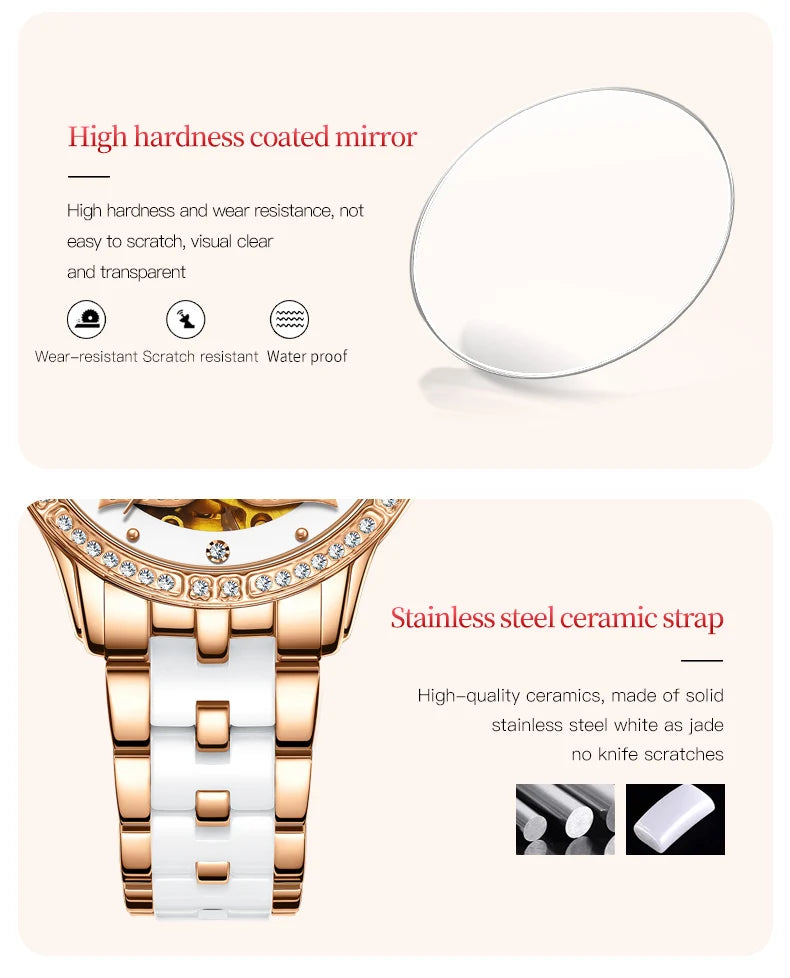 OLEVS 6612 Womens Watch Elegant Fashion Bezel Ceramic Strap Original Mechanical Watch Waterproof Luminous Butterfly Dial Ladies