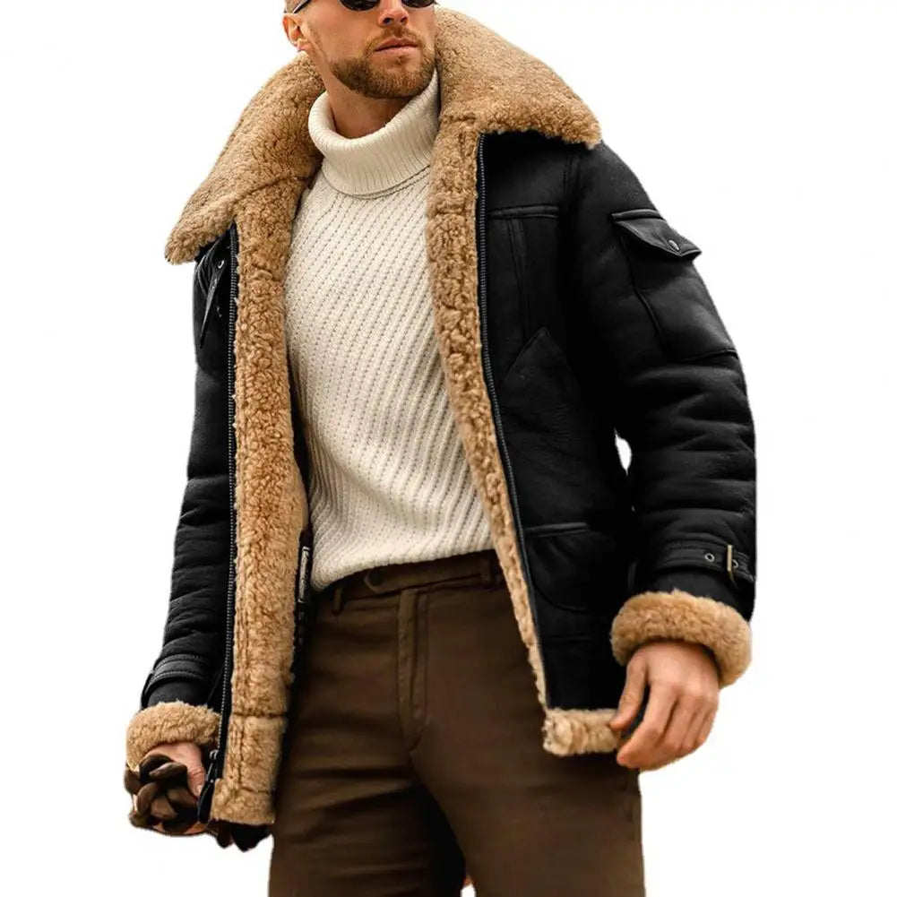 Faux Fur Faux Leather Men Jacket Vintage Lapel Thickened Plush Lining Winter Men Jackets Furry Coldproof Keep Warm Winter Coat