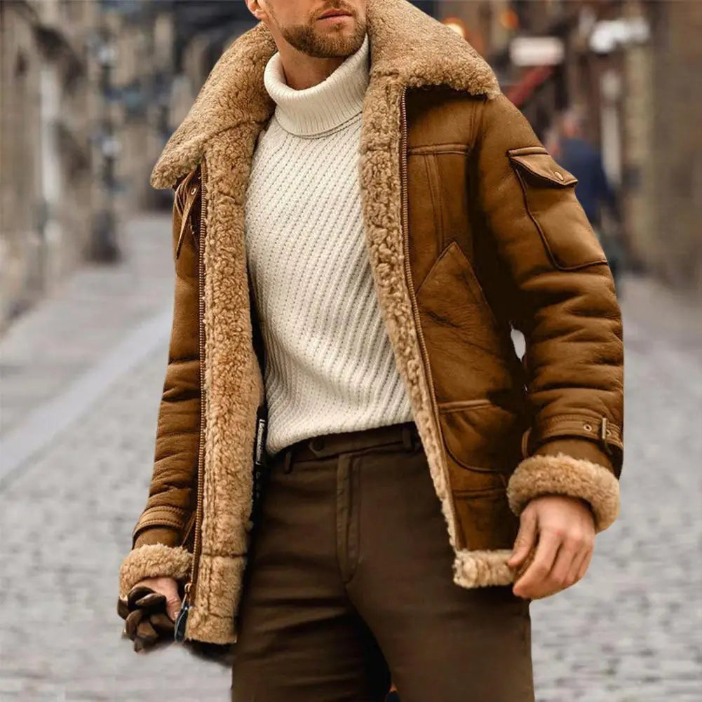 Faux Fur Faux Leather Men Jacket Vintage Lapel Thickened Plush Lining Winter Men Jackets Furry Coldproof Keep Warm Winter Coat