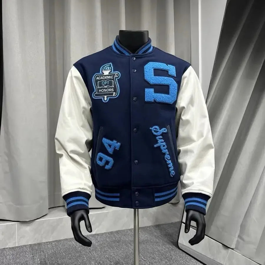 Embroidery Baseball Jacket for Men Streetwear Varisity Jacket Splicing PU Leather Sleeves Women Bomber Jacket Unisex Men Clothes