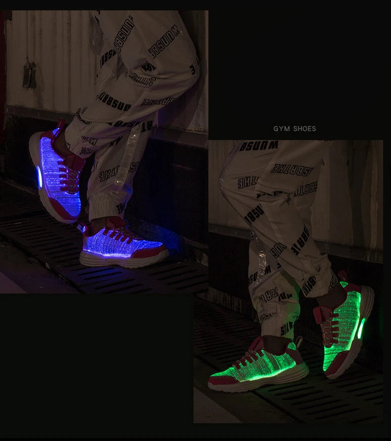 Men Fashion LED Shoes Light Up Sneakers USB Recharging Fiber OPTIC Cloth Elastic Sole Glowing Luminous Flashing Casual Shoes