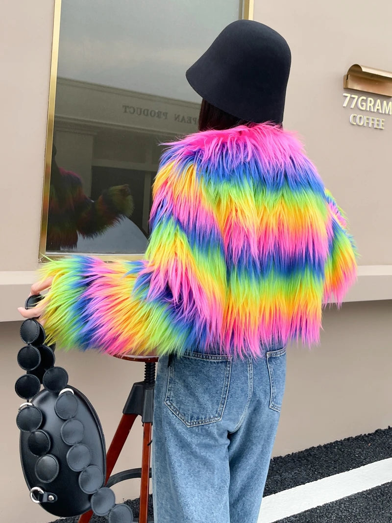 Women's Winter Rainbow Faux Fur Coat Lady Streetwear O Neck Long Sleeve Loose Fuzzy Warm Loose Outwear