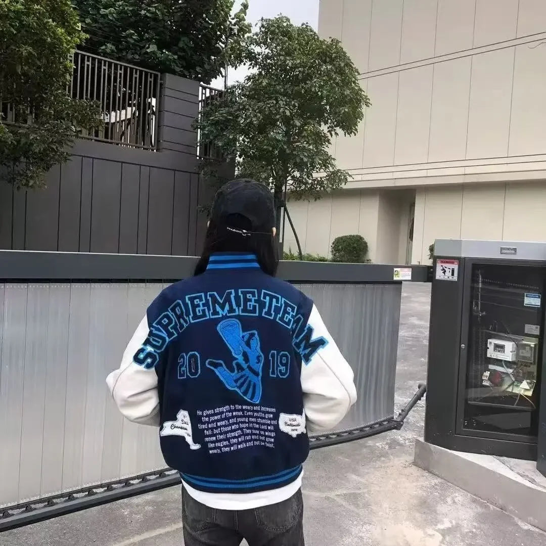 Embroidery Baseball Jacket for Men Streetwear Varisity Jacket Splicing PU Leather Sleeves Women Bomber Jacket Unisex Men Clothes