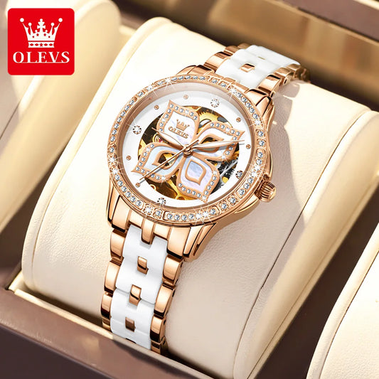 OLEVS 6612 Womens Watch Elegant Fashion Bezel Ceramic Strap Original Mechanical Watch Waterproof Luminous Butterfly Dial Ladies