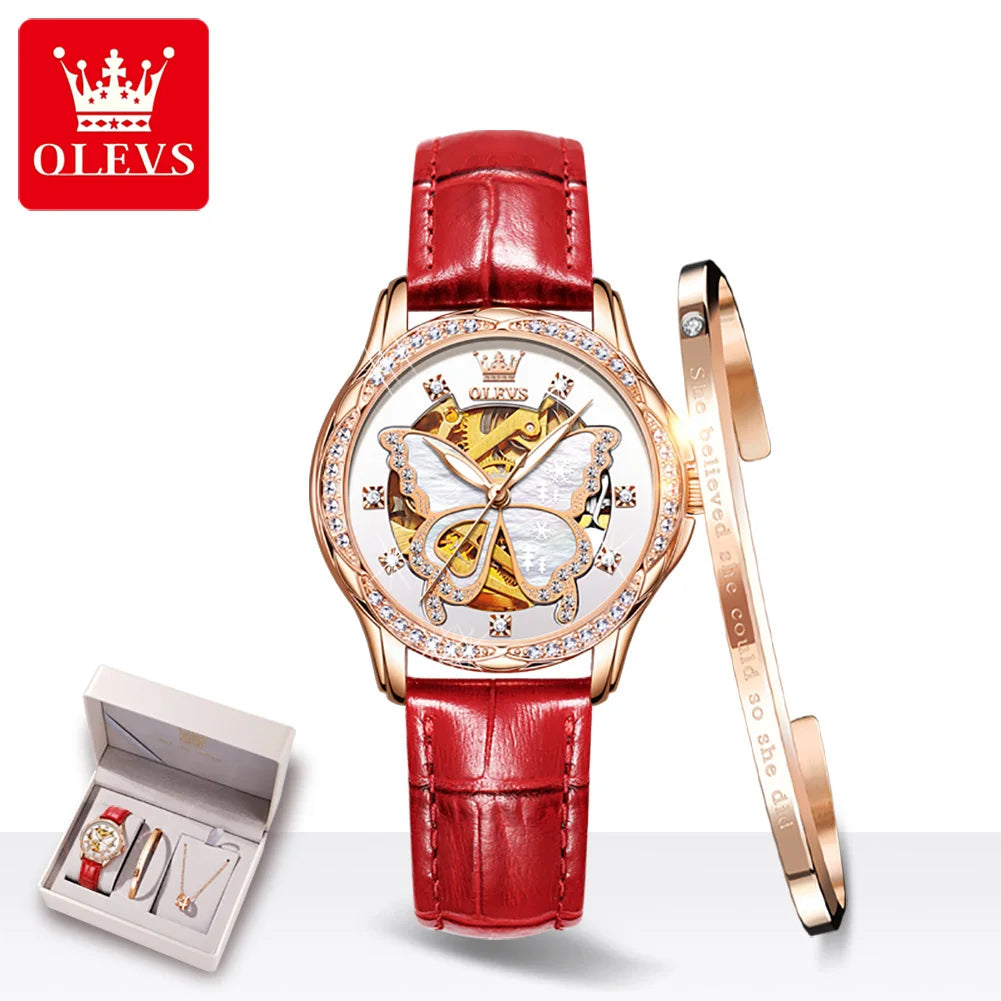 OLEVS 6622 Women's Watch Butterfly Dial Luxury Waterproof Mechanical Watch For Women Hollow Ceramic Strap Automatic Wristwatch