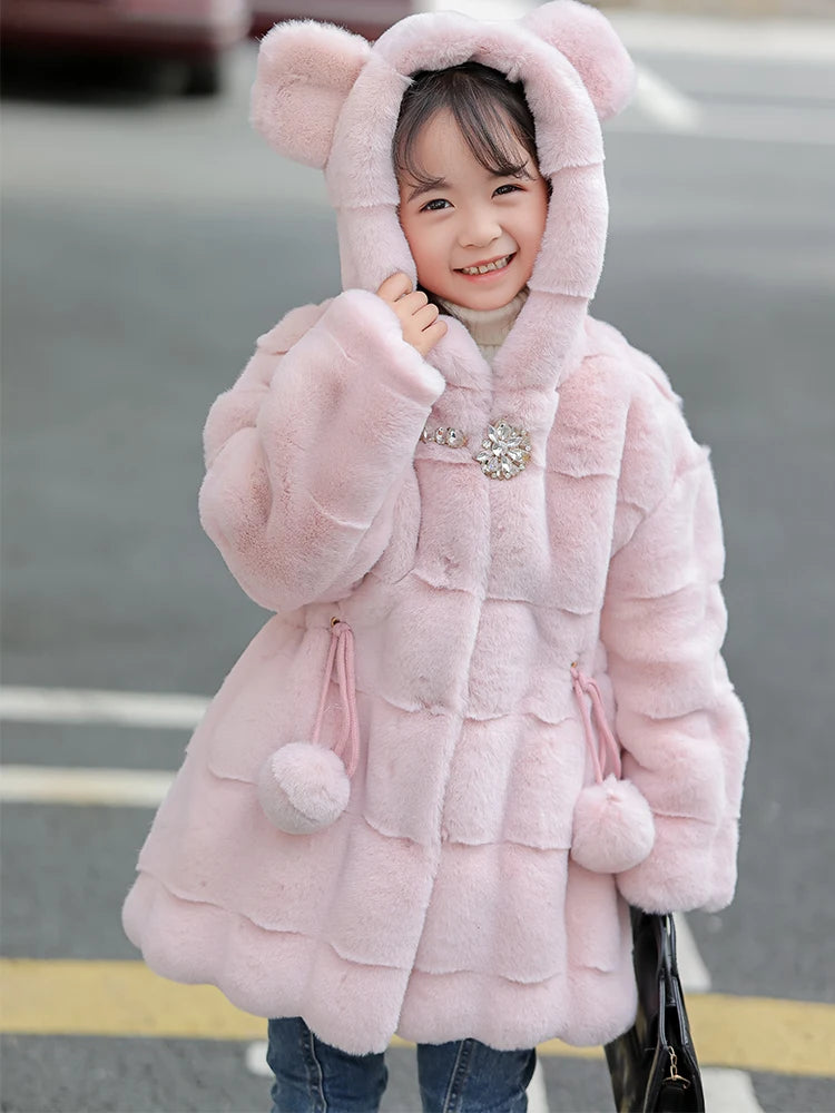 Girls Faux Mink Fur Coat Winter Children Girls Long Sleeve Hooded Christmas Jacket Super Warm  Kids Girls Coat Girls Outerwear