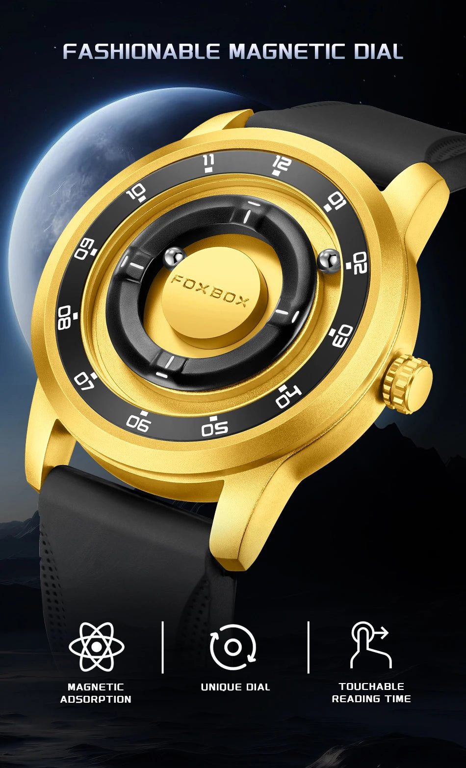 FOXBOX Unique Dial Quartz Man Watch Fashion Casual Sport Silicone Srolling Beads Clock Magnetic Force Waterproof Watches for Men